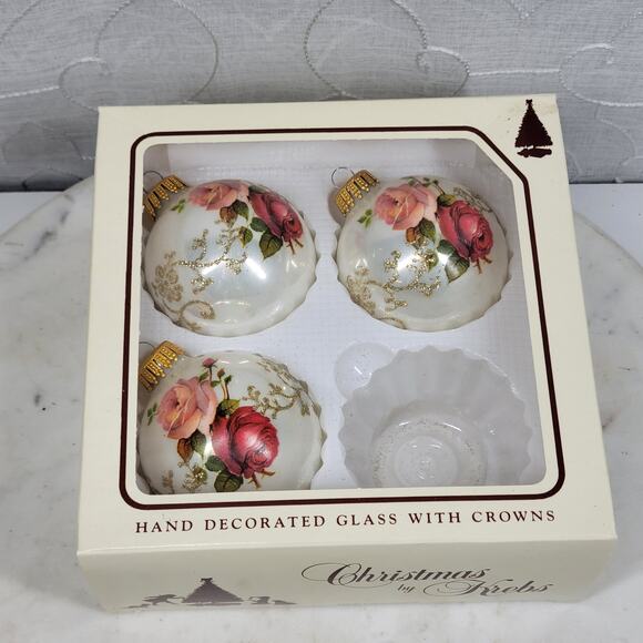 Vtg Christmas by Krebs Rose Ornaments Hand Decorated Glass Ball Crowned Set of 3 - Picture 7 of 16